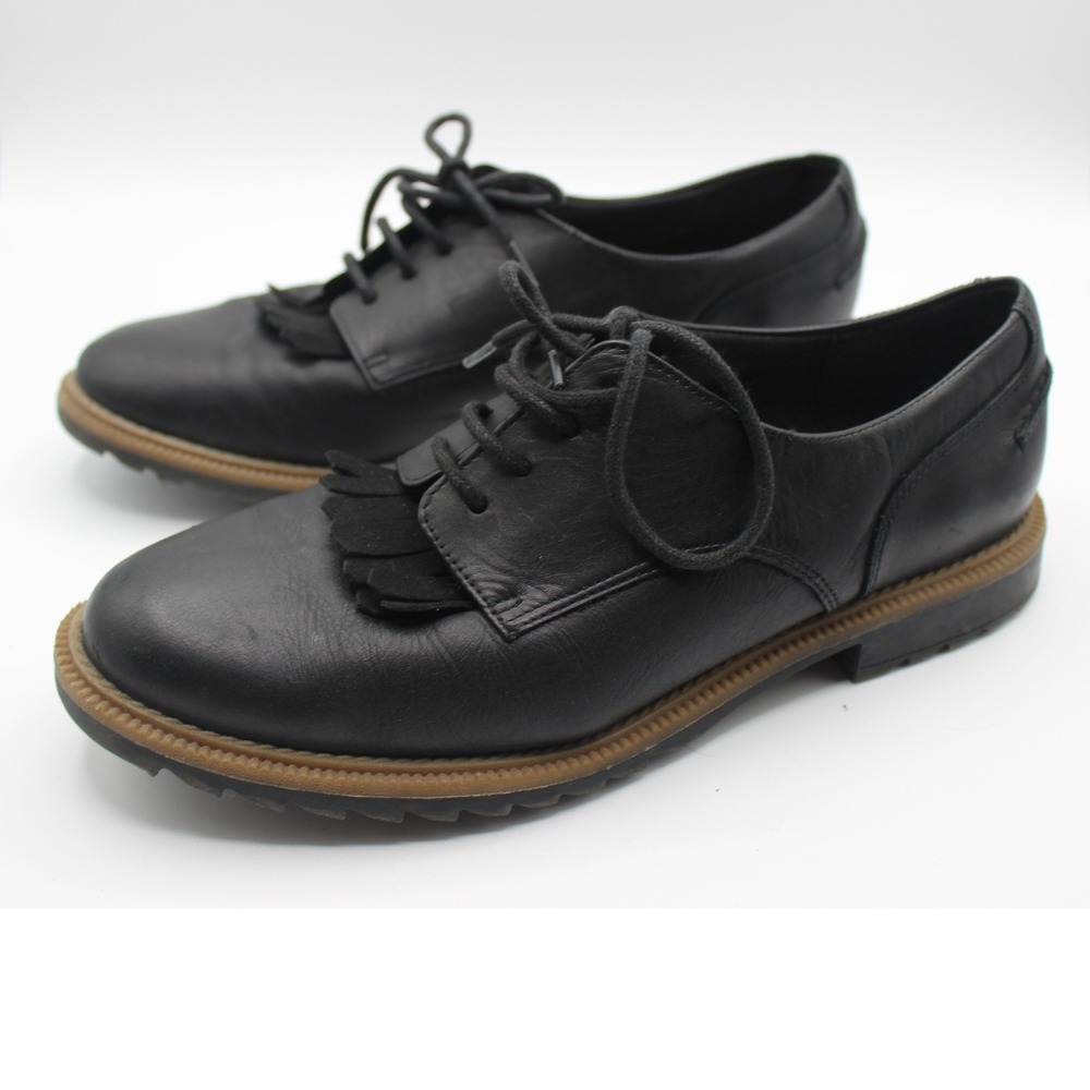 Clarks Somerset Womens 8 Black Leather Kiltie Fringe‎ Lug Sole Oxford Shoes